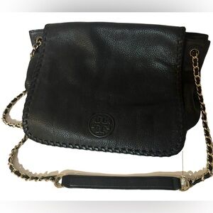 Tory Burch black leather shoulder bag with gold chain strap and flap closure